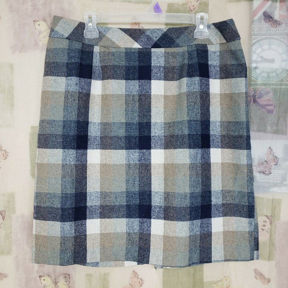 Gray brown plaid pencil straight wool blend career skirt